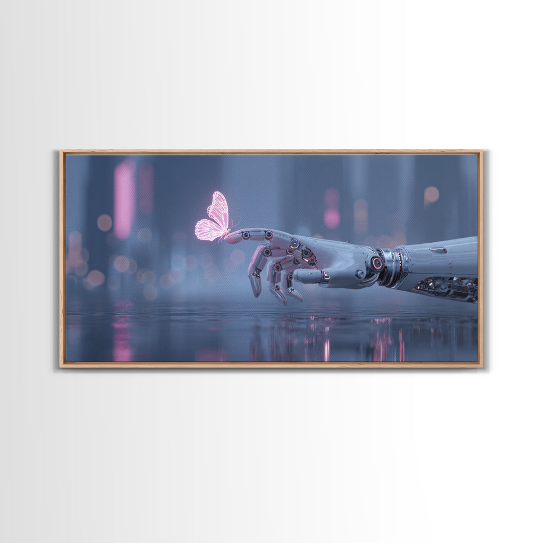 Robotic Hand Holding a Delicate Butterfly Canvas Print, Futuristic Art, Mid Century Modern, Living Room Decor, Fine Art, Future, FUT-2x1-52