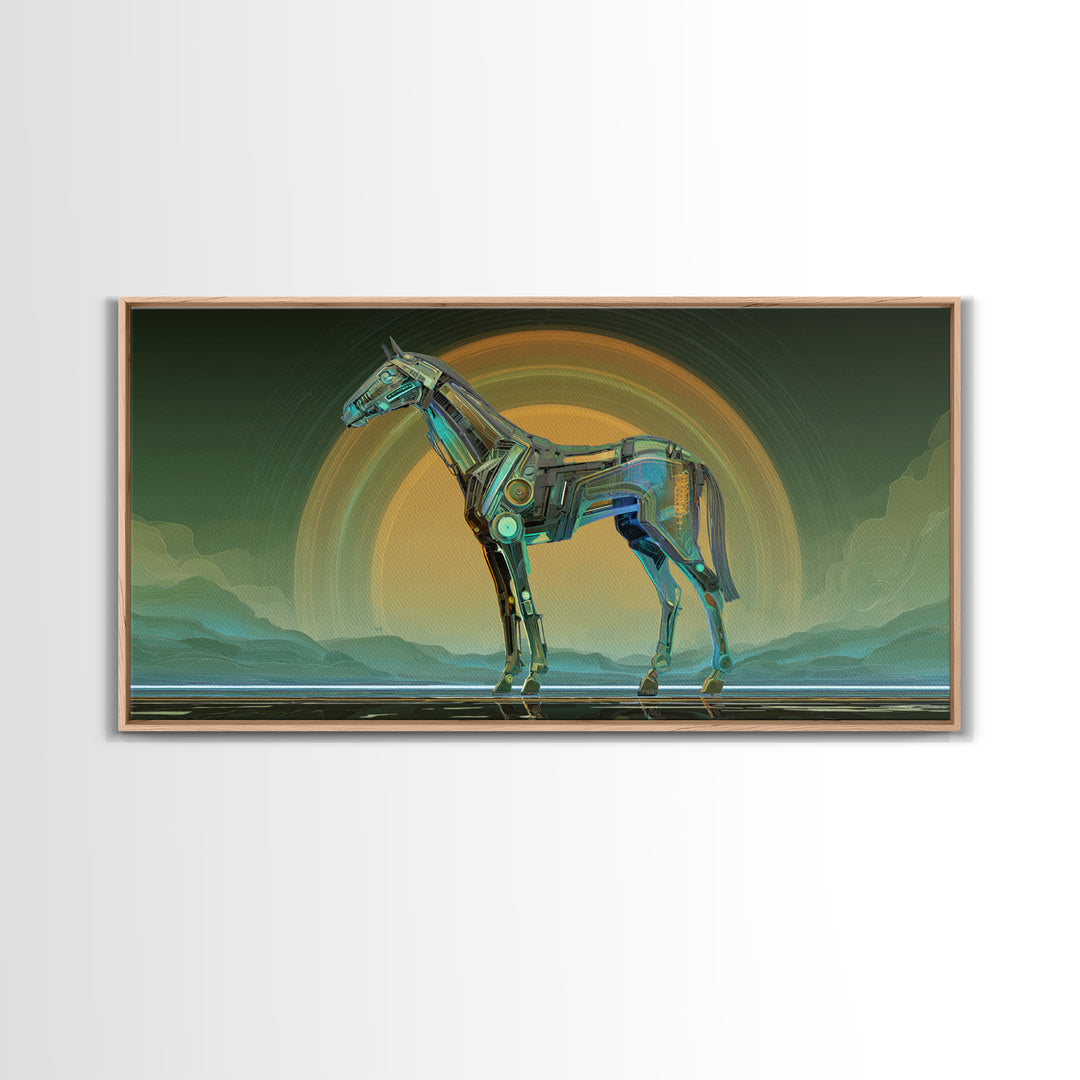 Cybernetic Horse in a Luminous Field Canvas Print, Futuristic Art, Digital Poster, Living Room Decor, Fine Art, Future, FUT-2x1-57