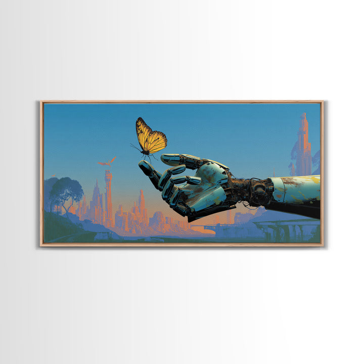 Robotic Hand Holding a Delicate Butterfly Canvas Print, Futuristic Art, Landscape Art, Living Room Decor, Fine Art, Future, FUT-2x1-76