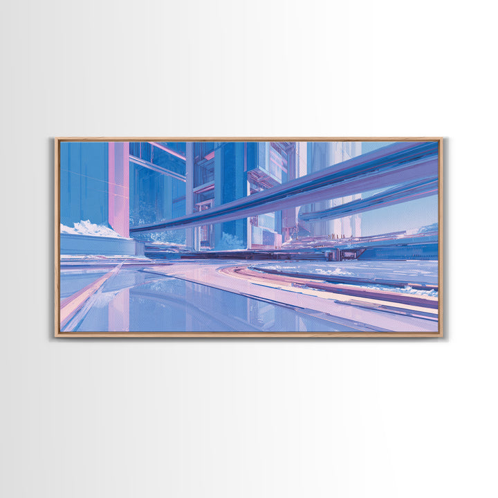 White and Blue Utopian Megastructure Framed Canvas Print, Futuristic Art, Colorful Wall Art, Living Room Decor, Future, FUT-2x1-80