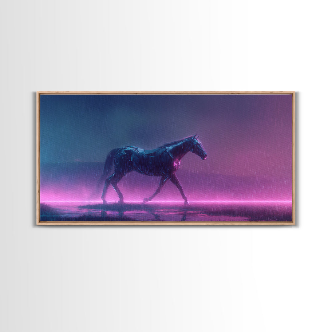 Cybernetic Horse in a Luminous Field Framed Canvas Print, Futuristic Art, Eclectic Home Decor, Living Room Decor, FUT-2x1-81