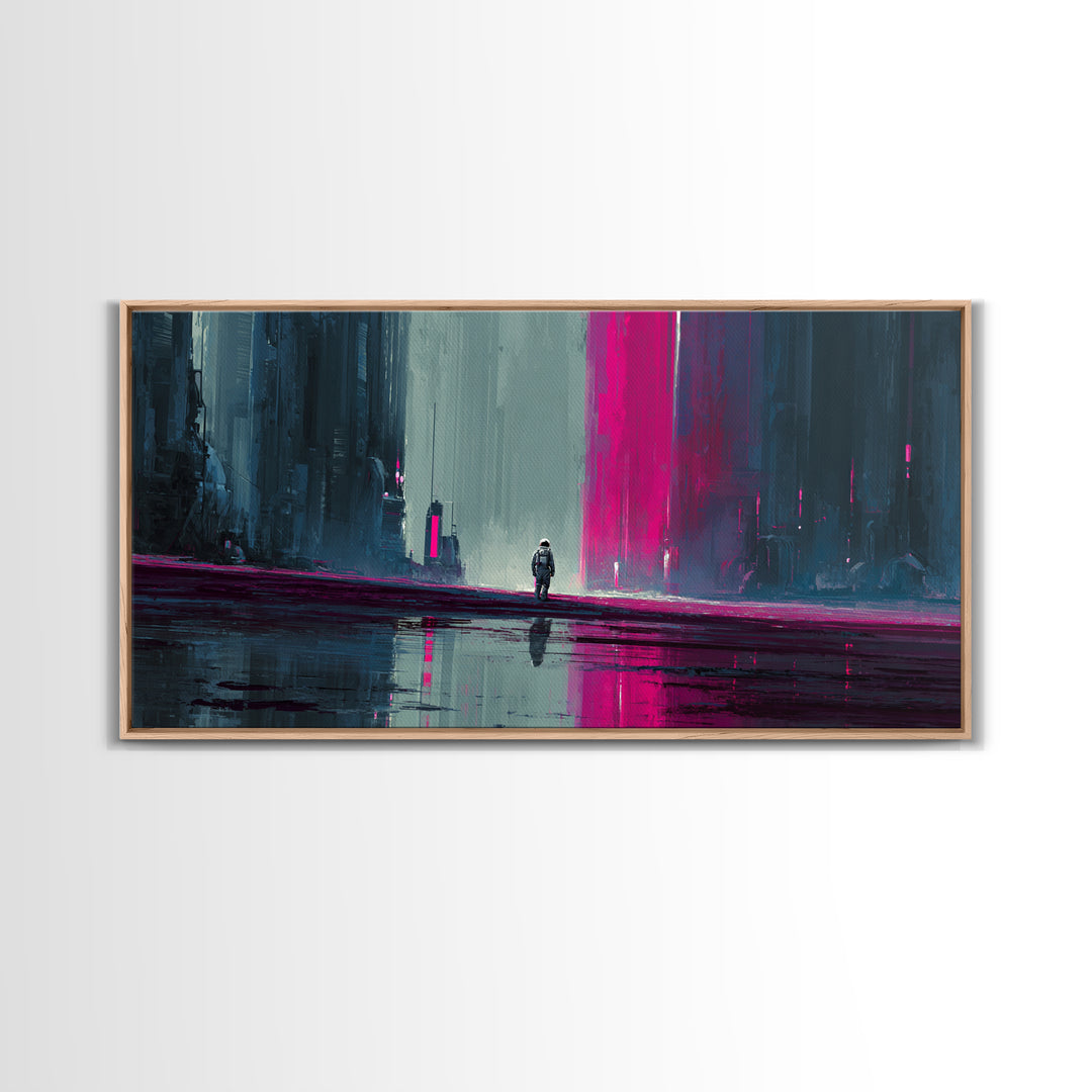 Silver Astronaut Walking Through Neon Desert Framed Canvas Print, Futuristic Art, Modern Decor, Living Room Decor, Future, FUT-2x1-97