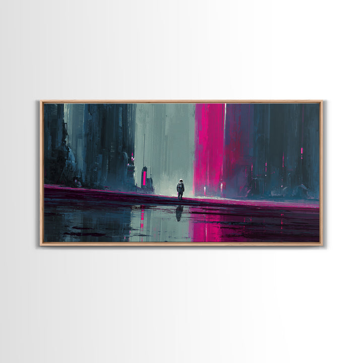 Silver Astronaut Walking Through Neon Desert Framed Canvas Print, Futuristic Art, Modern Decor, Living Room Decor, Future, FUT-2x1-97