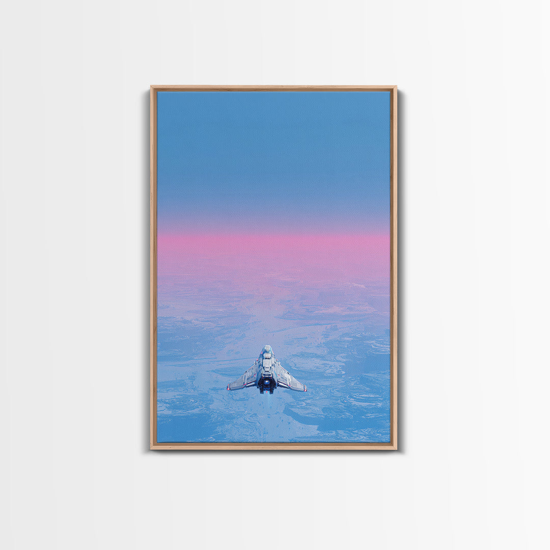 Minimal Spacecraft over a Clean Planet Horizon Canvas Print, Futuristic Art, Steampunk Decor, Living Room Decor, Oil Painting, FUT-2x3-15