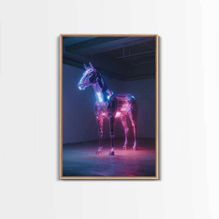 Cybernetic Horse in a Luminous Field Framed Canvas Print, Futuristic Art, Cyberpunk Decor, Living Room Decor, Oil Painting, FUT-2x3-21