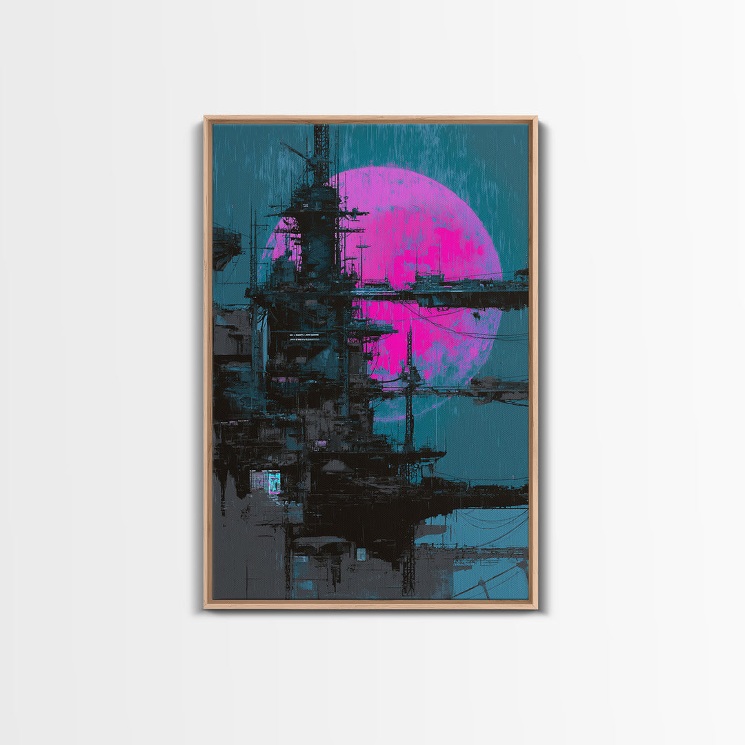 Moon Colony Silhouette Framed Canvas Print, Futuristic Art, Modern Wall Decor, Living Room Decor, Oil Painting, Future, FUT-2x3-53