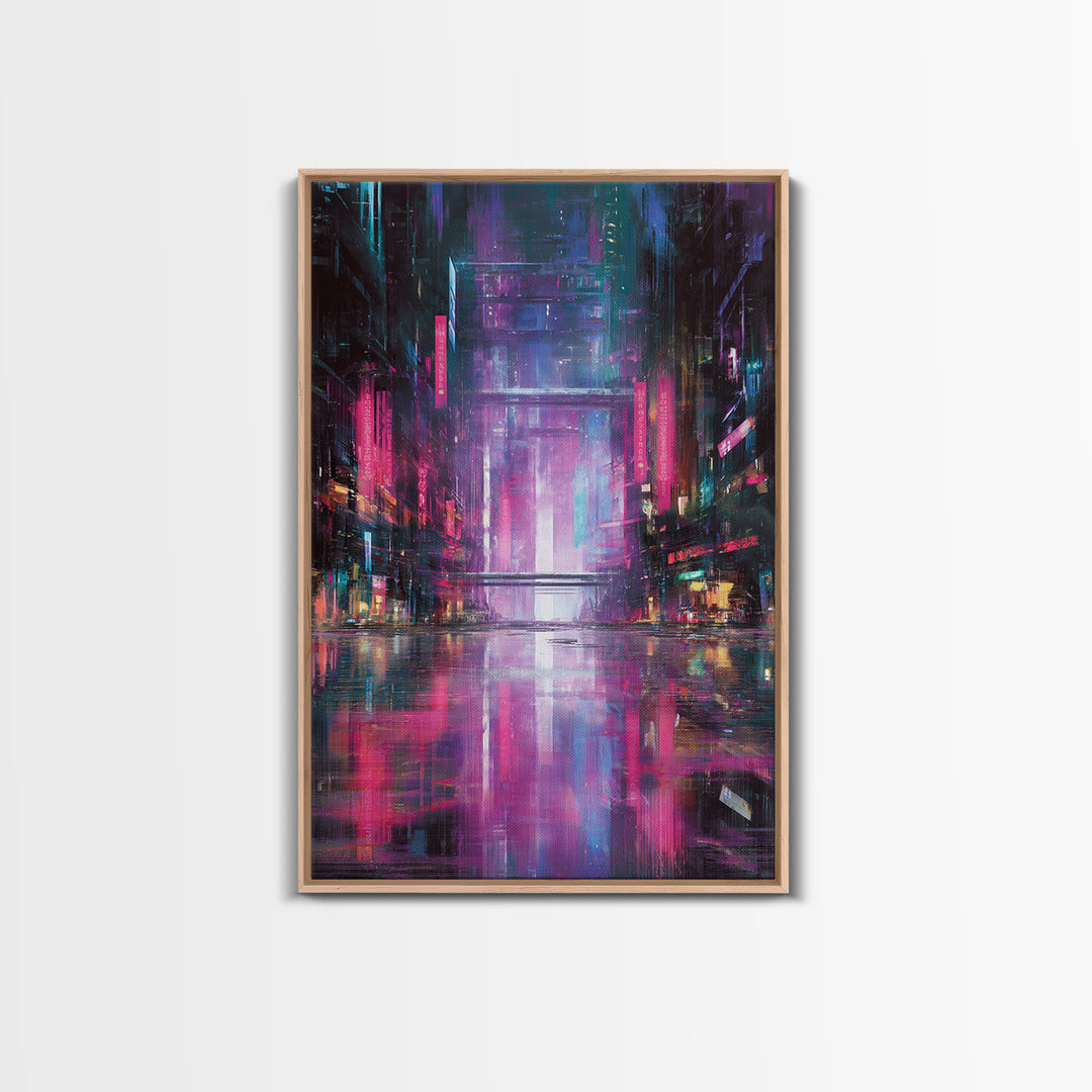 Digital Aurora Above a Clean White City Framed Canvas Print, Futuristic Art, Modern Art, Living Room Decor, Abstract Art, FUT-2x3-56