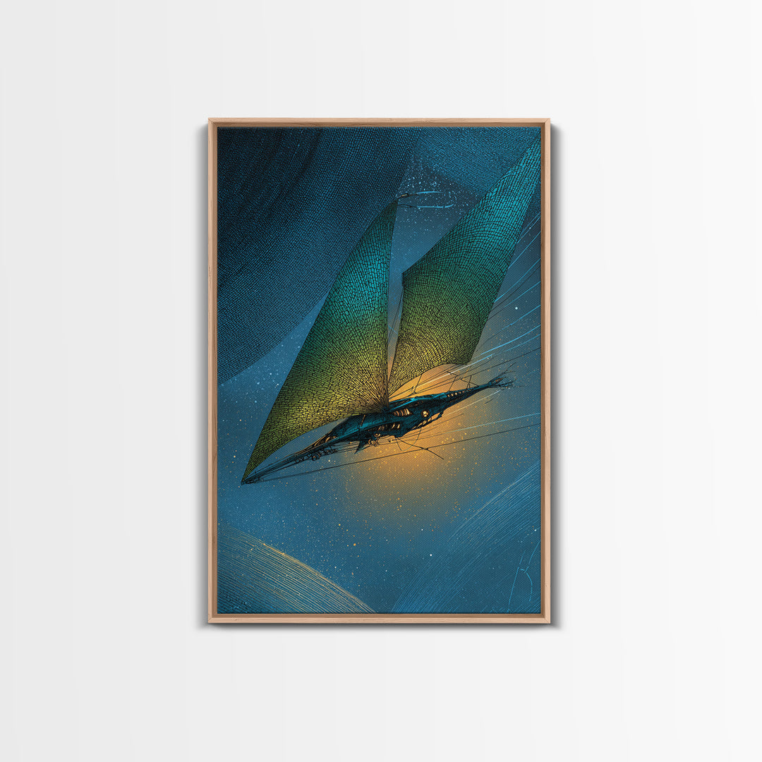 Solar Sail Ship Crossing Star Filled Space Framed Canvas Print, Futuristic Art, Statement Artwork, Living Room Decor, Future, FUT-2x3-73