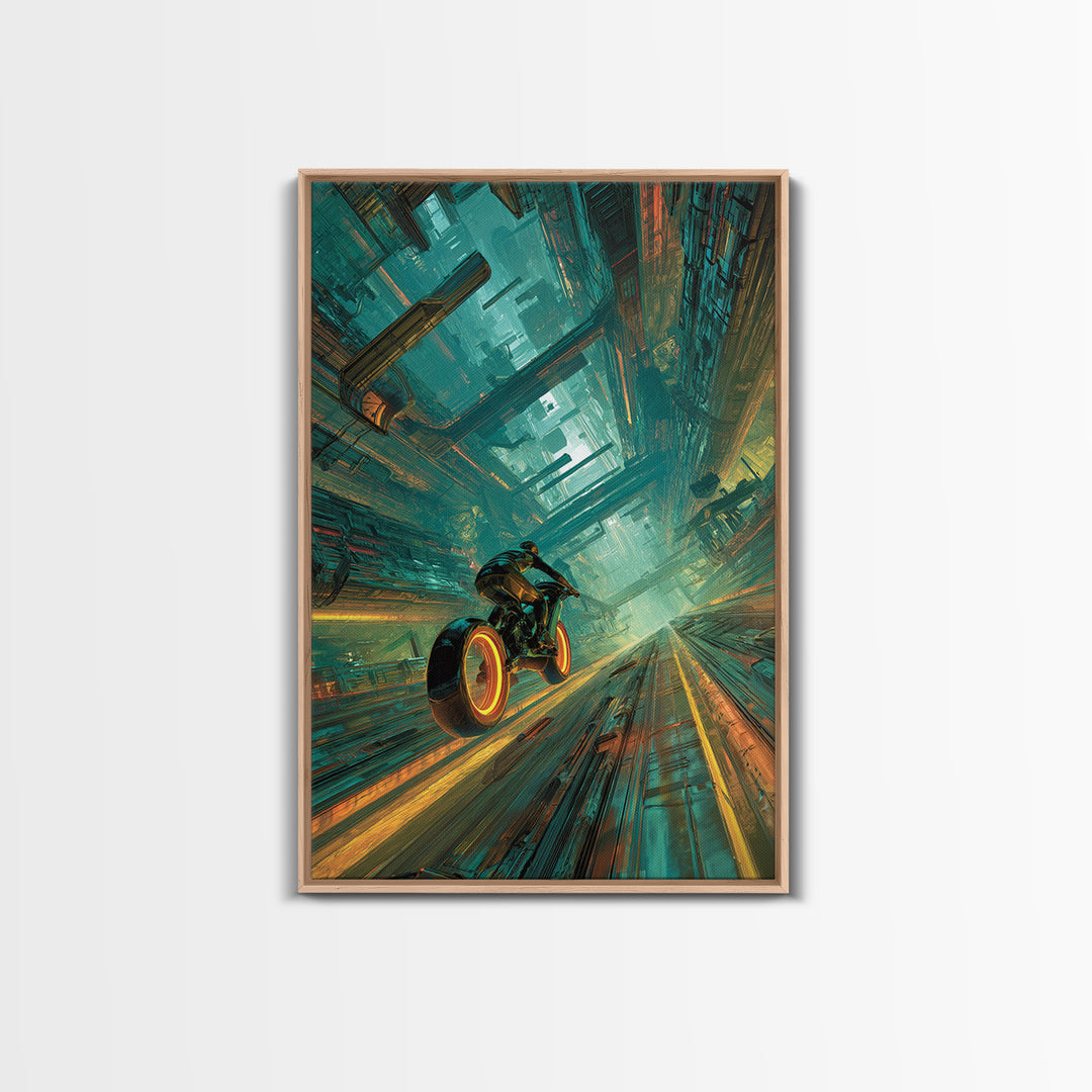 High Speed Hover Bike Trail of Light Framed Canvas Print, Futuristic Art, Room Decor, Living Room Decor, Fine Art, Future, FUT-2x3-76