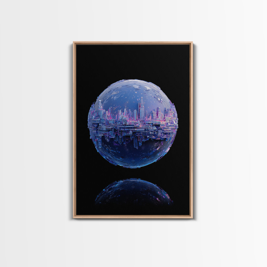 Orbital City Ring Around a Blue Planet Framed Canvas Print, Futuristic Art, Unique Home Decor, Living Room Decor, Future, FUT-2x3-90