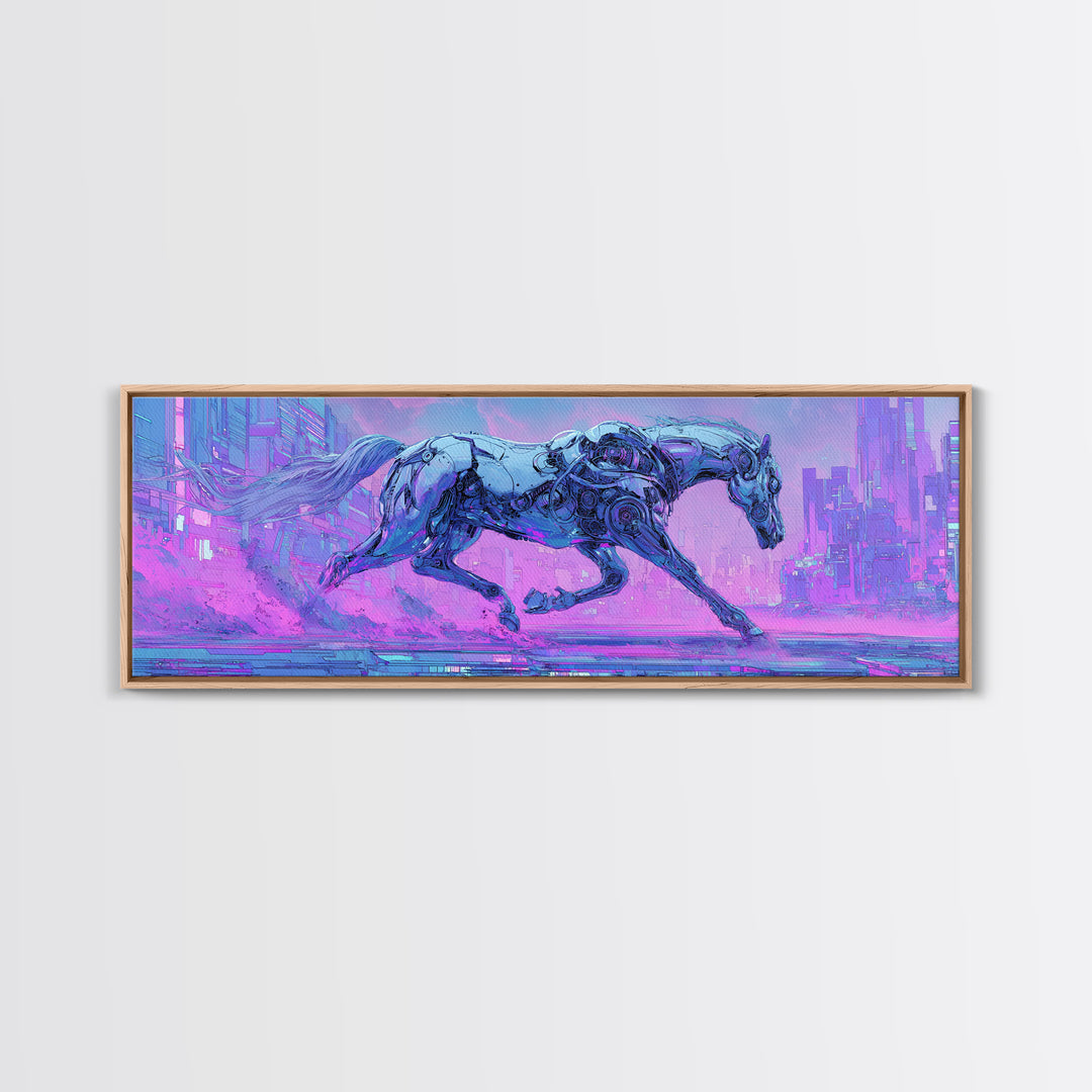 Cybernetic Horse in a Luminous Field Framed Canvas Print, Futuristic Art, Eclectic Home Decor, Living Room Decor, FUT-3x1-5