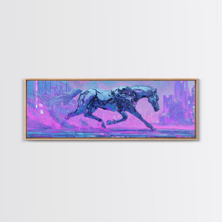Cybernetic Horse in a Luminous Field Framed Canvas Print, Futuristic Art, Eclectic Home Decor, Living Room Decor, FUT-3x1-5