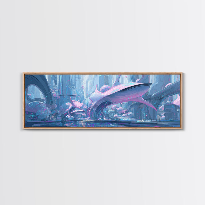 Future Ocean Lab Framed Canvas Print, Futuristic Art, Ai Art, Living Room Decor, Oil Painting, Future, Digital Poster, FUT-3x1-55