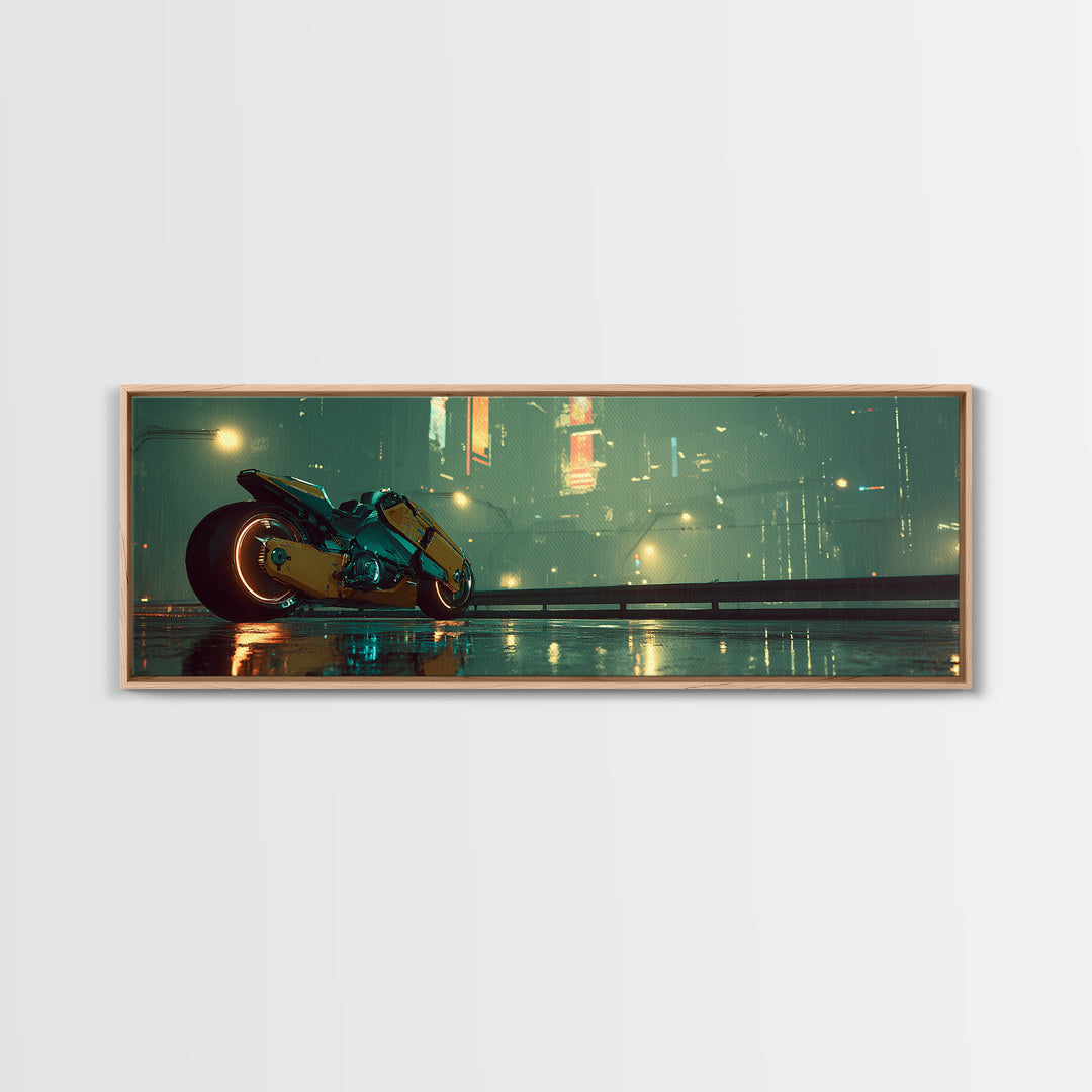 High Speed Hover Bike Trail of Light Framed Canvas Print, Futuristic Art, Textured Painting, Living Room Decor, Future, FUT-3x1-60
