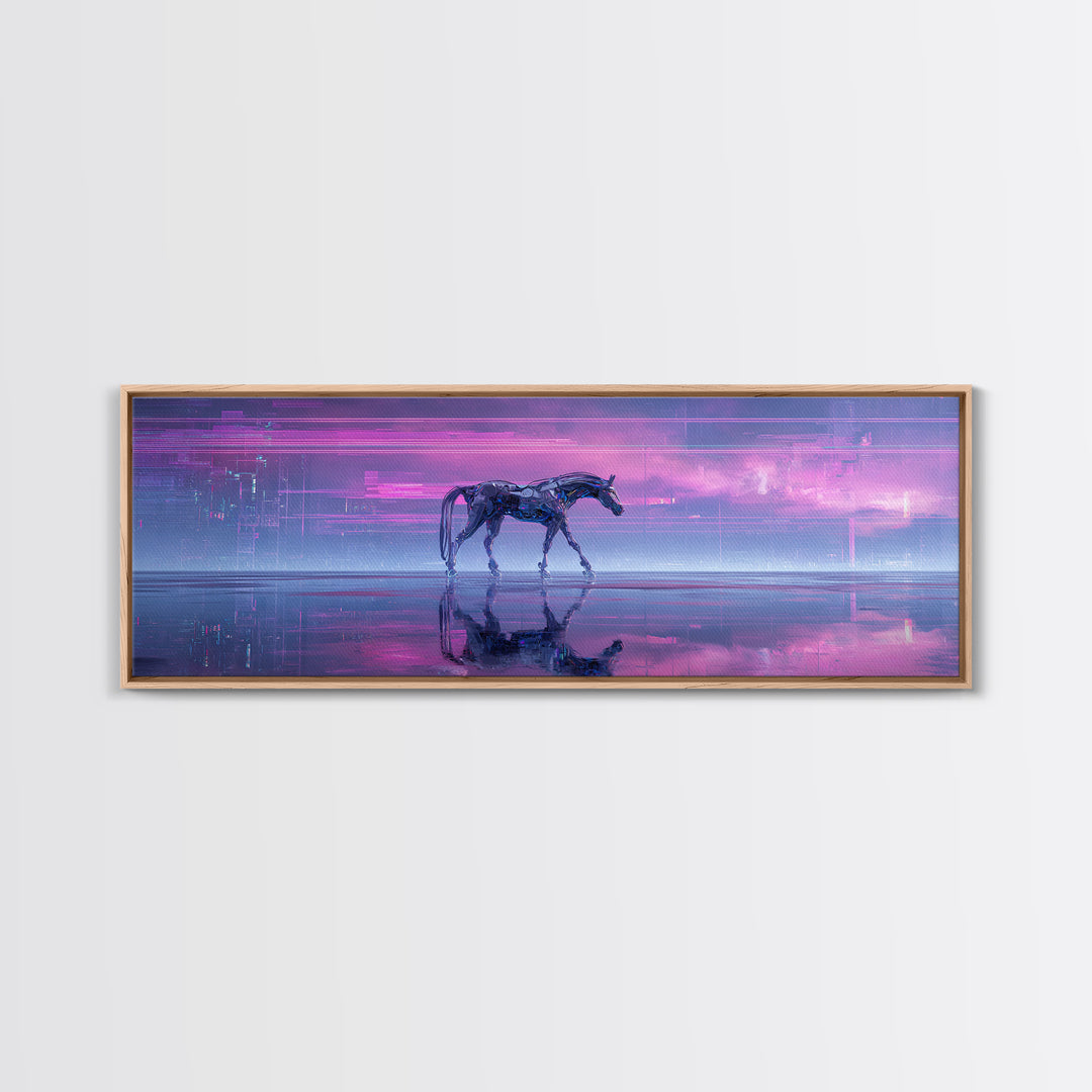 Cybernetic Horse in a Luminous Field Framed Canvas Print, Futuristic Art, Minimalist Decor, Living Room Decor, Fine Art, Future, FUT-3x1-77