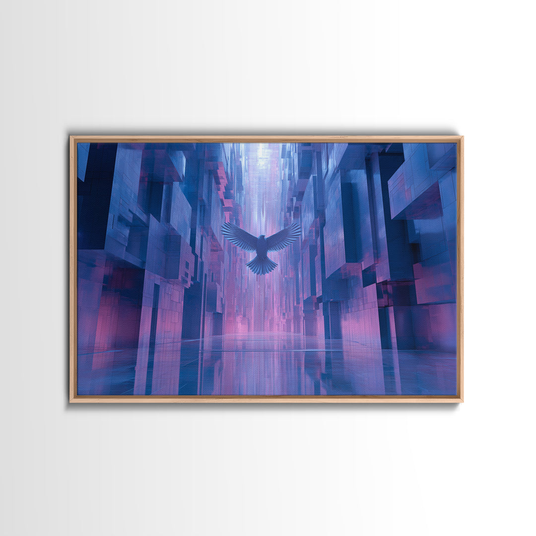 Futurist Bird Made of Panels and Light Framed Canvas Print, Futuristic Art, Steampunk Decor, Living Room Decor, Future, FUT-3x2-2