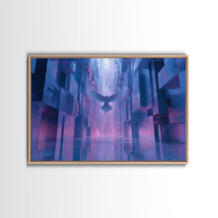 Futurist Bird Made of Panels and Light Framed Canvas Print, Futuristic Art, Steampunk Decor, Living Room Decor, Future, FUT-3x2-2