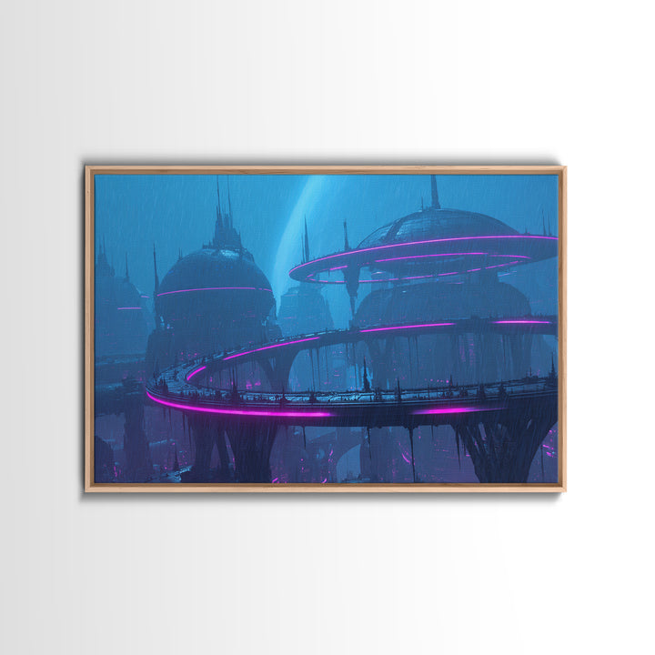 Orbital City Ring Around a Blue Planet Canvas Print, Futuristic Art, Modern Wall Decor, Living Room Decor, Fine Art, Future, FUT-3x2-38