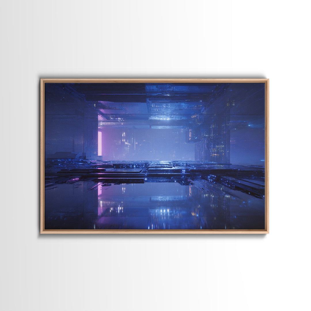 White and Blue Utopian Megastructure Framed Canvas Print, Futuristic Art, Mid Century Modern, Living Room Decor, Oil Painting, FUT-3x2-40