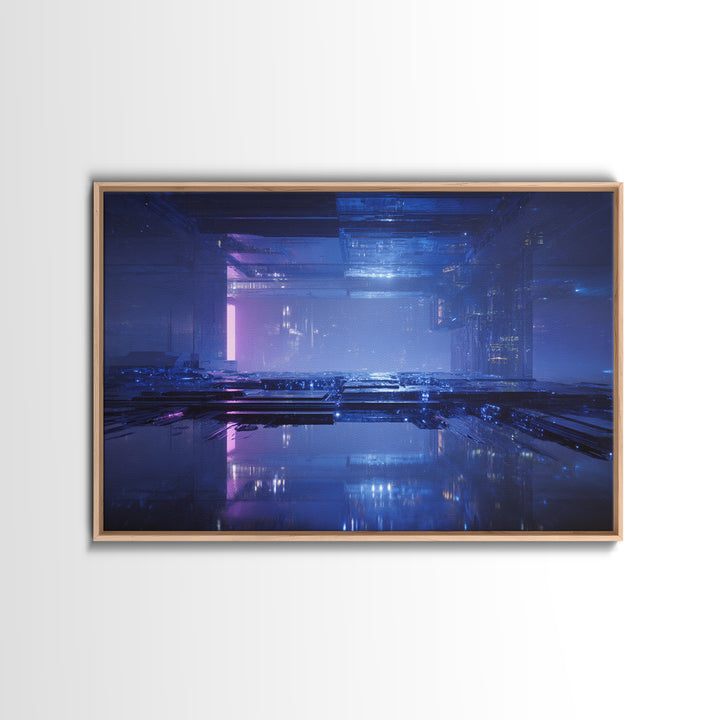 White and Blue Utopian Megastructure Framed Canvas Print, Futuristic Art, Mid Century Modern, Living Room Decor, Oil Painting, FUT-3x2-40