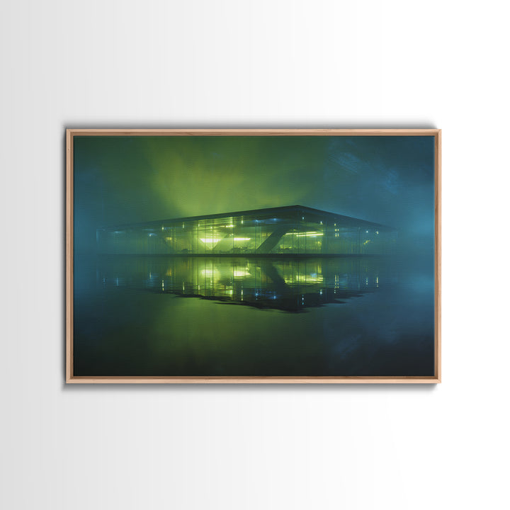 Floating Glass Architecture Above Reflective Water Canvas Print, Futuristic Art, Luxury Decor, Living Room Decor, Future, FUT-3x2-55