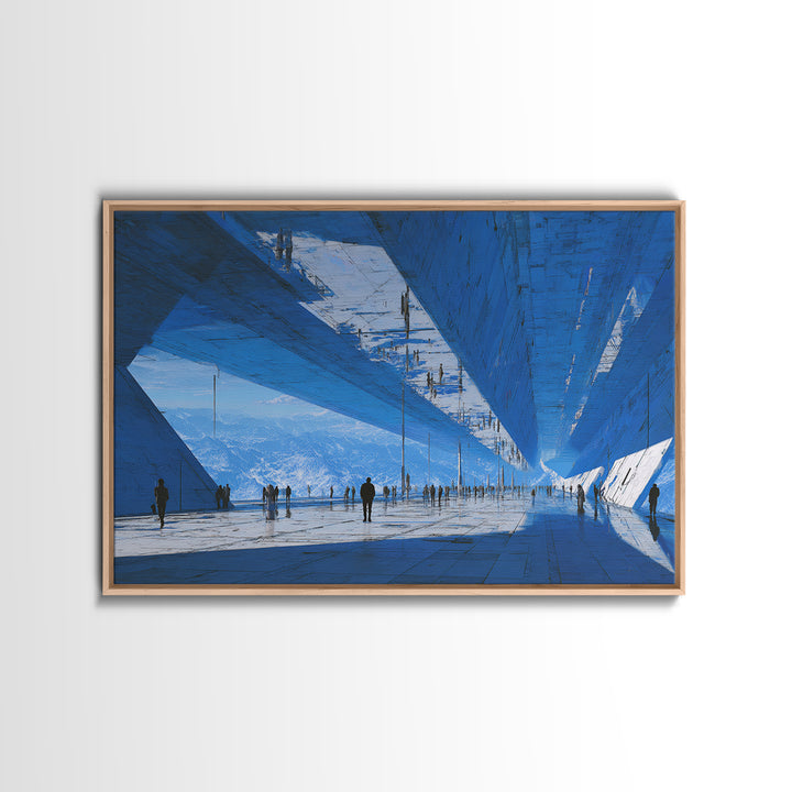 White and Blue Utopian Megastructure Framed Canvas Print, Futuristic Art, Landscape Art, Living Room Decor, Abstract Art, FUT-3x2-64