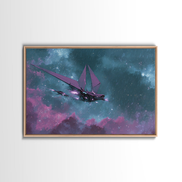 Solar Sail Ship Crossing Star Filled Space Framed Canvas Print, Futuristic Art, Digital Art, Living Room Decor, Future, FUT-3x2-69