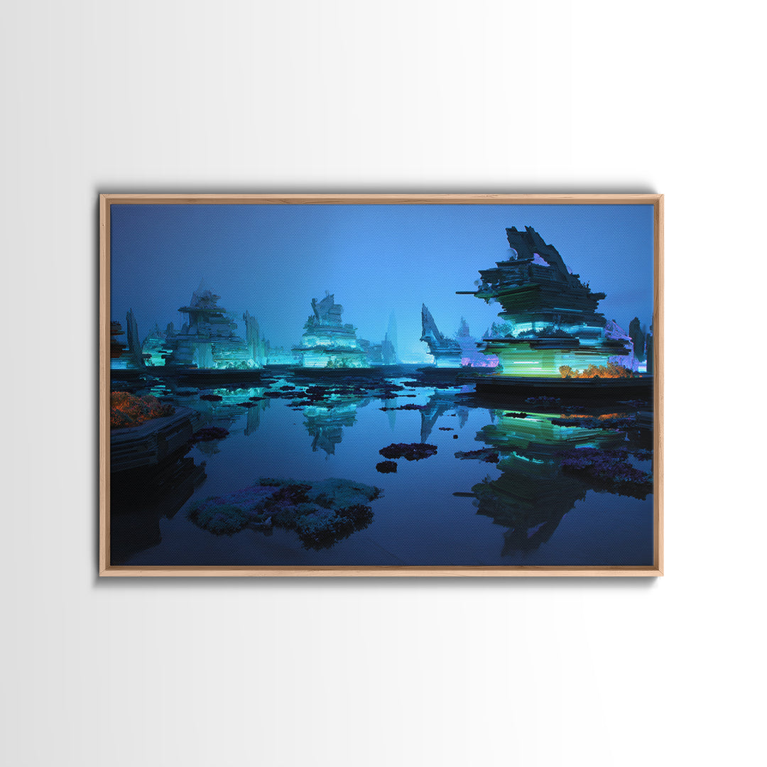 Bioluminescent Garden in a Future Habitat Framed Canvas Print, Futuristic Art, Minimalist Decor, Living Room Decor, Future, FUT-3x2-8