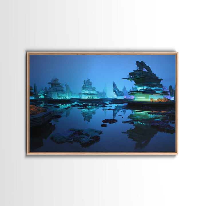 Bioluminescent Garden in a Future Habitat Framed Canvas Print, Futuristic Art, Minimalist Decor, Living Room Decor, Future, FUT-3x2-8