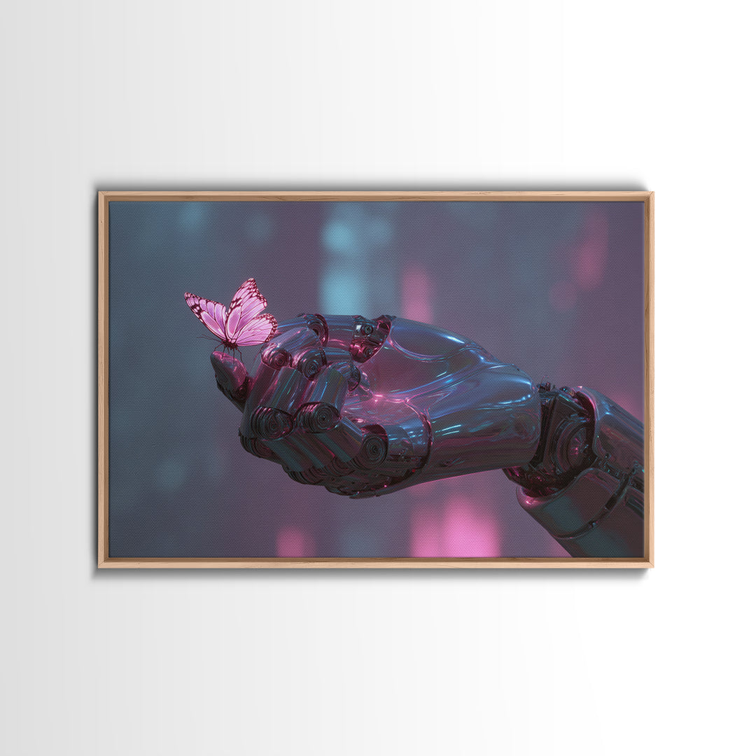 Robotic Hand Holding a Delicate Butterfly Canvas Print, Futuristic Art, Digital Poster, Living Room Decor, Fine Art, Future, FUT-3x2-84