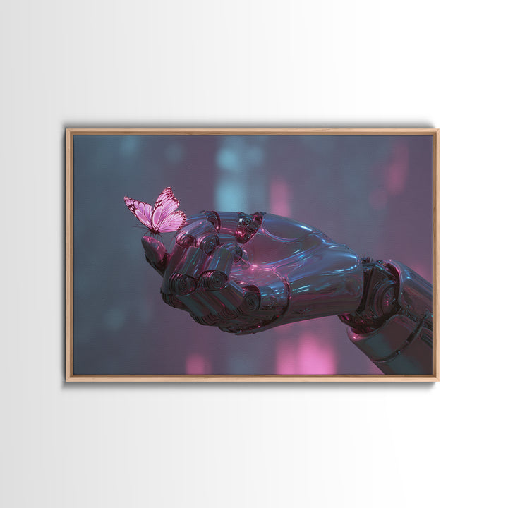 Robotic Hand Holding a Delicate Butterfly Canvas Print, Futuristic Art, Digital Poster, Living Room Decor, Fine Art, Future, FUT-3x2-84