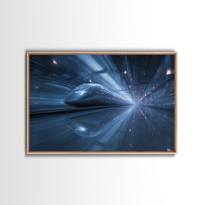 Transparent Train Speeding Through Light Tunnels Canvas Print, Futuristic Art, Victorian Decor, Living Room Decor, Future, FUT-3x2-87