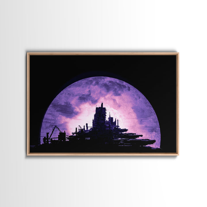 Moon Colony Silhouette Framed Canvas Print, Futuristic Art, Digital Print, Living Room Decor, Watercolor Art, Future, FUT-3x2-97