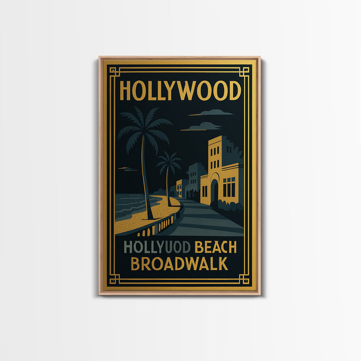 Hollywood Florida Travel Poster, Canvas Print, Gold Art Deco Wall Art, Hollywood City Art, Retro Travel Print, Travel Print, Wall Art
