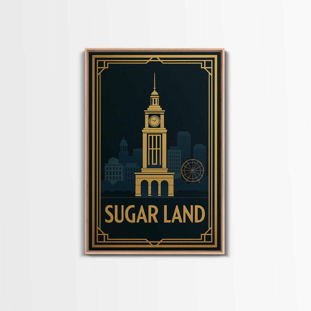 Sugar Land Travel Poster, Canvas Print, Black Gold City Wall Art, Sugar Land Art Print, Retro Travel Print, Watercolor Downtown Skyline