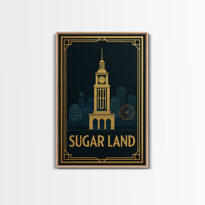 Sugar Land Travel Poster, Canvas Print, Black Gold City Wall Art, Sugar Land Art Print, Retro Travel Print, Watercolor Downtown Skyline