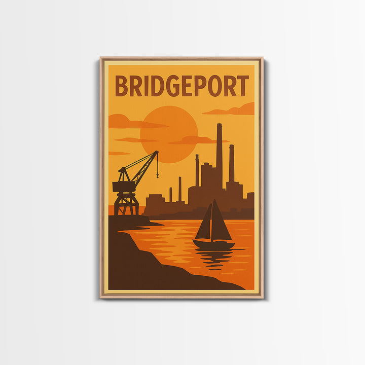 Bridgeport Connecticut Travel Poster, Canvas Print, Warm Sunset Silhouette Art, Bridgeport City Art, Travel Print, Watercolor Skyline Art