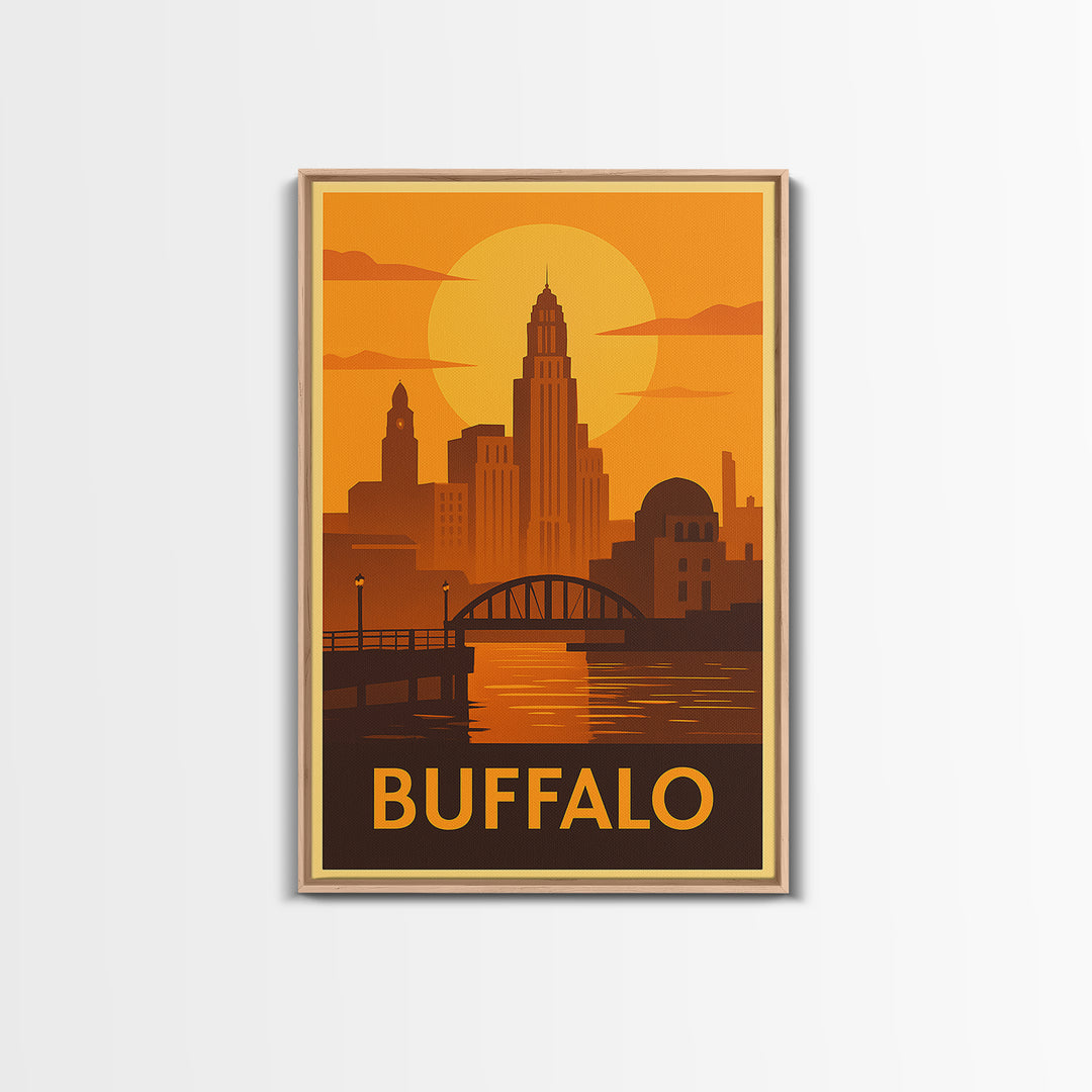 Buffalo Travel Poster, Framed Canvas Print, Golden Travel Poster Art, Buffalo Travel Art, Home Office Decor, Watercolor Skyline