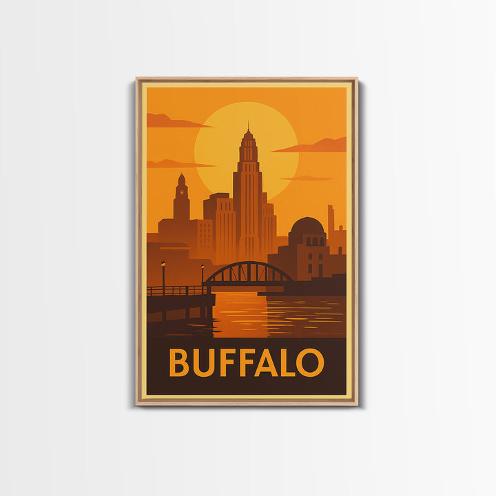 Buffalo Travel Poster, Framed Canvas Print, Golden Travel Poster Art, Buffalo Travel Art, Home Office Decor, Watercolor Skyline