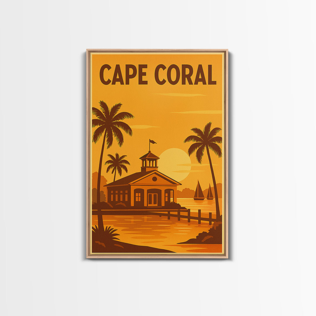 Cape Coral Florida Travel Poster, Framed Canvas Print, Golden Travel Poster Art, Cape Coral City Art, Wanderlust Decor, Eclectic Wall Decor