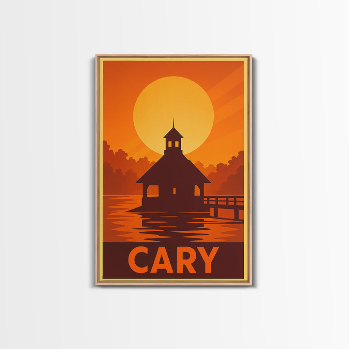 Cary Travel Poster, Framed Canvas Print, Golden Travel Poster Art, Cary City Art, City Travel Prints, Retro Travel Print, City Art Print