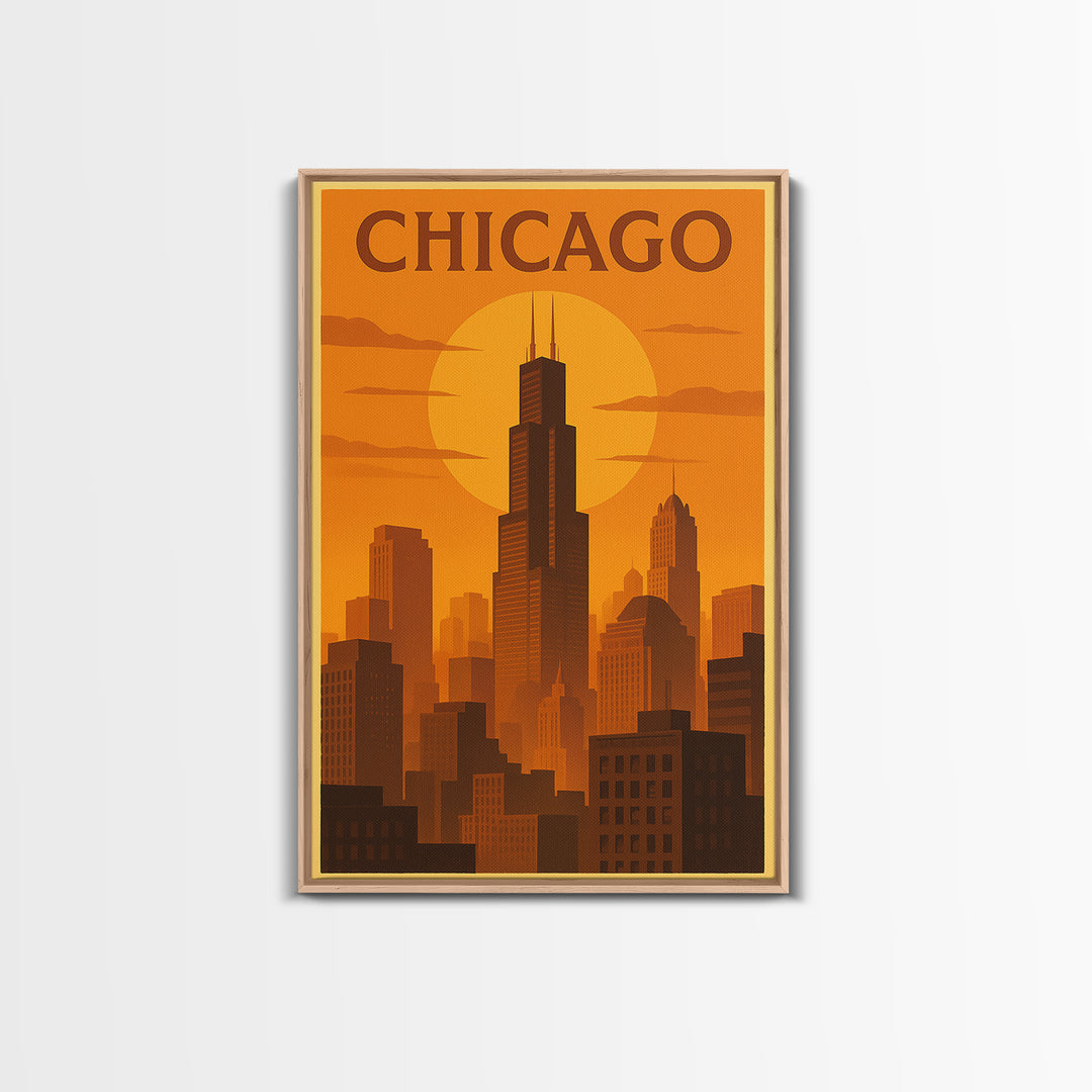 Chicago Illinois Travel Poster, Canvas Print, Warm Sunset Silhouette Art, Chicago Poster Print, Travel Print, Travel Wall Art, Home Decor