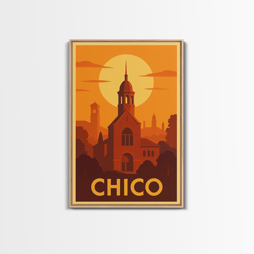 Chico Travel Poster, Framed Canvas Print, Vintage Deco Wall Art, Chico Poster Print, Gift For Travelers, City Illustration, Retro Poster