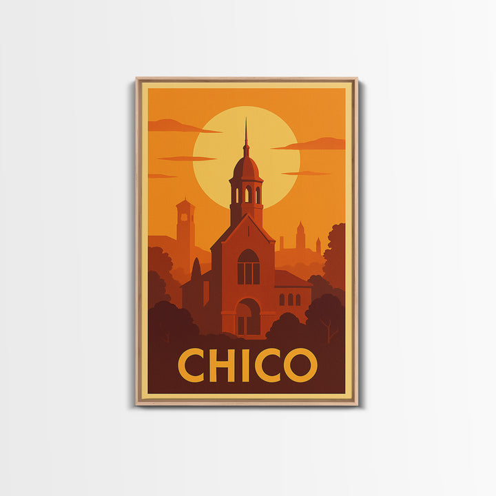 Chico Travel Poster, Framed Canvas Print, Vintage Deco Wall Art, Chico Poster Print, Gift For Travelers, City Illustration, Retro Poster