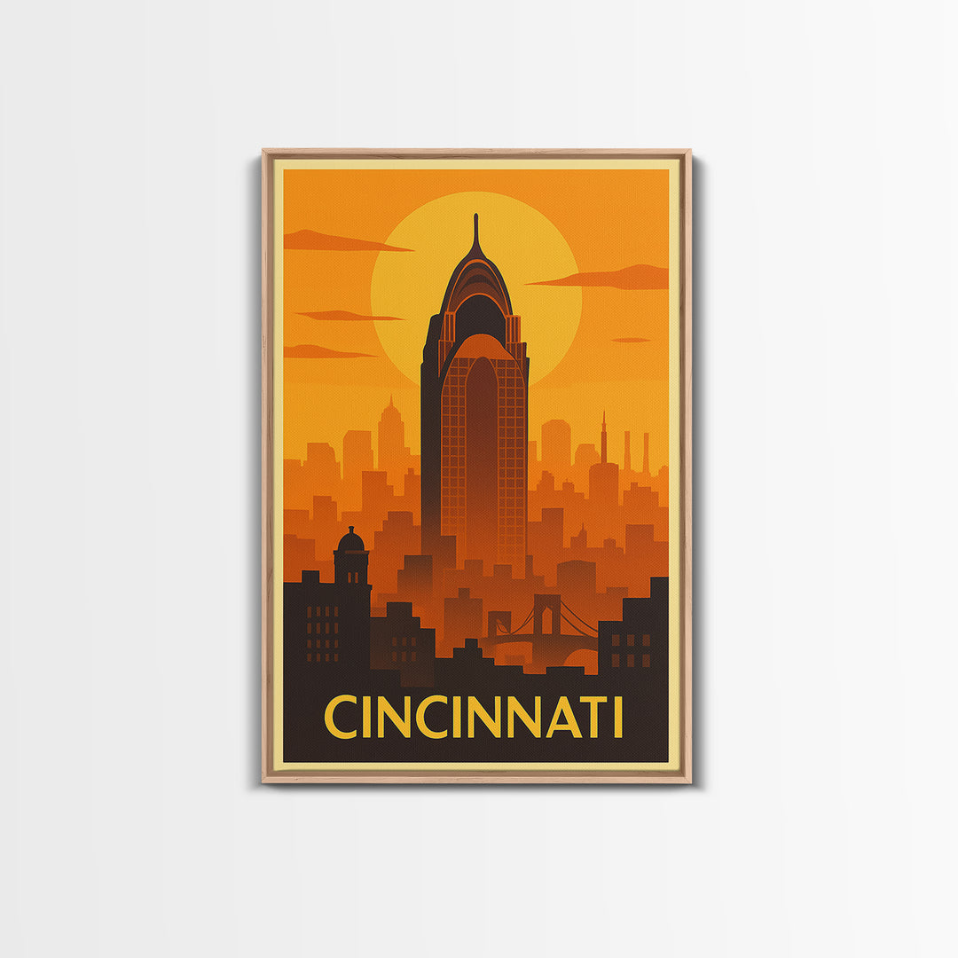Cincinnati Travel Poster, Framed Canvas Print, Warm Sunset Silhouette Art, Cincinnati Art Print, Retro Travel Print, Gift For Travelers