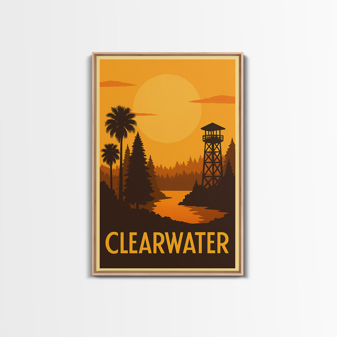 Clearwater Travel Poster, Framed Canvas Print, Golden Travel Poster Art, Clearwater City Art, City Travel Prints, Travel Poster Art