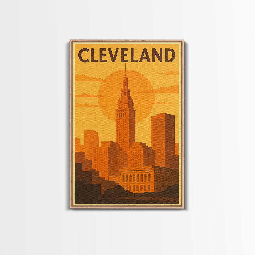 Cleveland Ohio Travel Poster, Framed Canvas Print, Golden Travel Poster Art, Cleveland Travel Art, Modern Wall Decor, Travel Poster Art