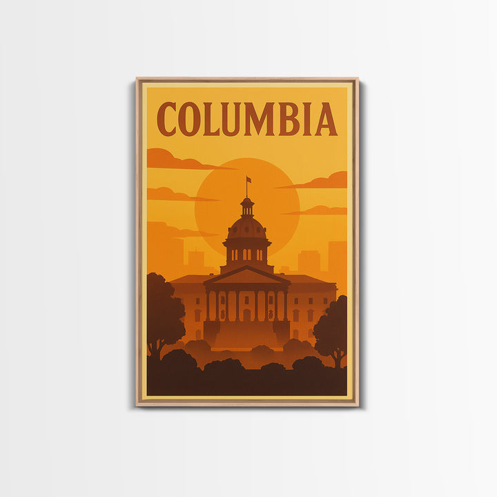 Columbia South Carolina Travel Poster, Canvas Print, Warm Sunset Silhouette Art, Columbia Poster Print, Wall Decor, Watercolor Cityscape