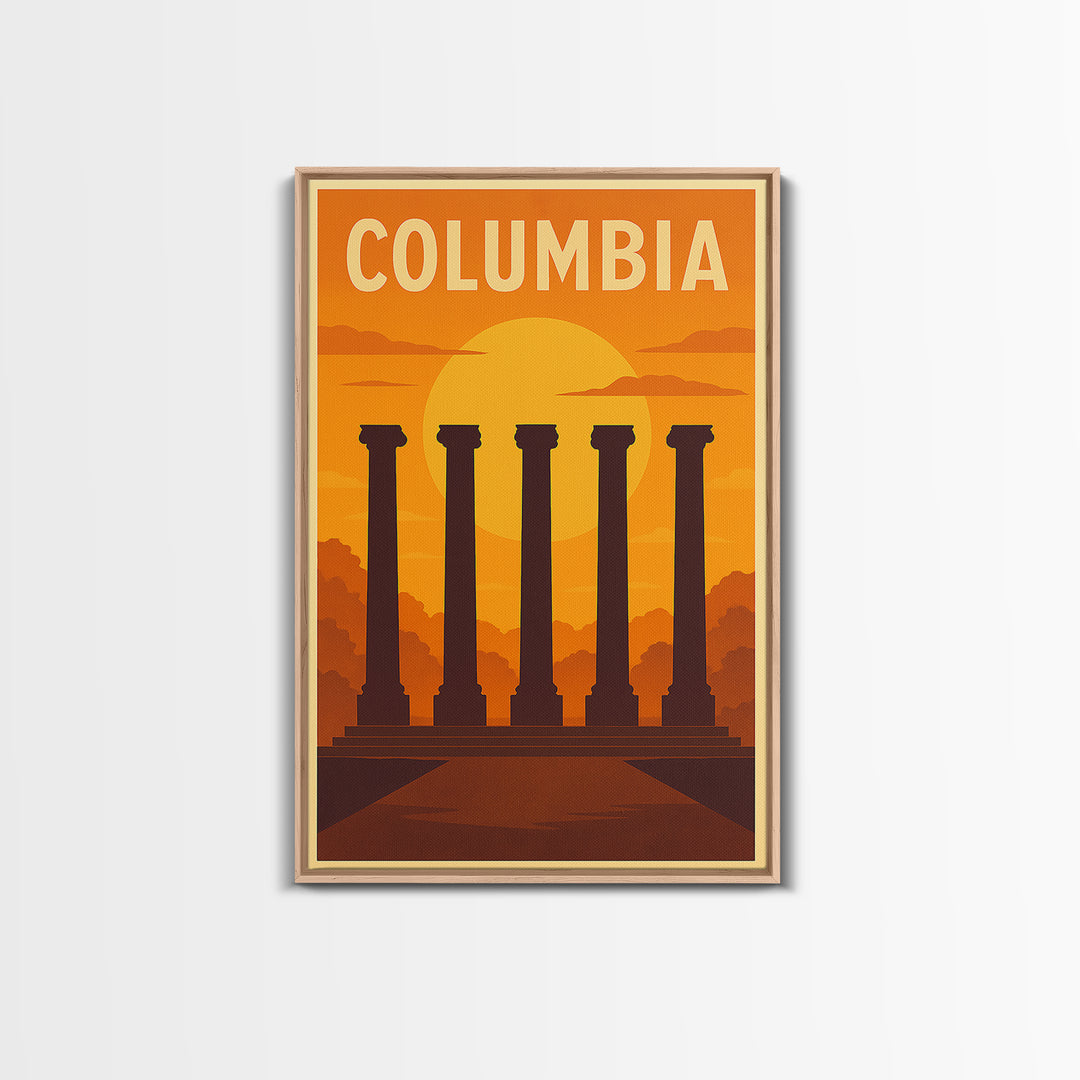 Columbia Travel Poster, Framed Canvas Print, Gold Art Deco Poster Art, Columbia Travel Art, Vintage Travel Art, Travel Art Print