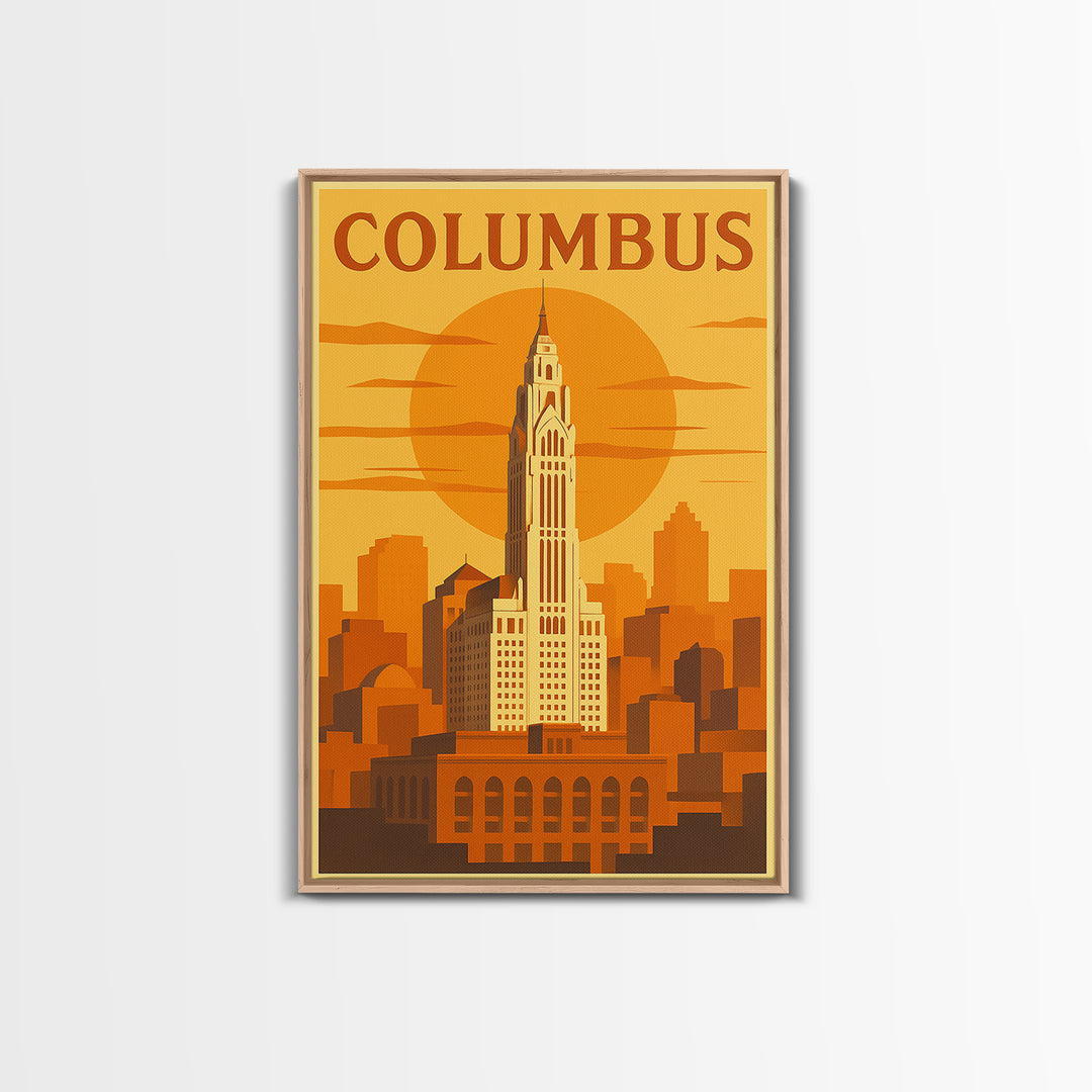 Columbus Travel Poster, Framed Canvas Print, Golden Travel Poster Art, Columbus Travel Art, Wanderlust Decor, City Illustration